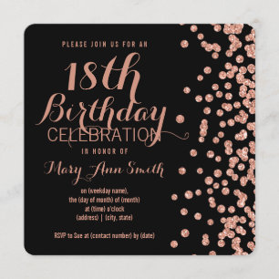18th Birthday Rose Gold Faux Glitter Confetti Blac Invitation