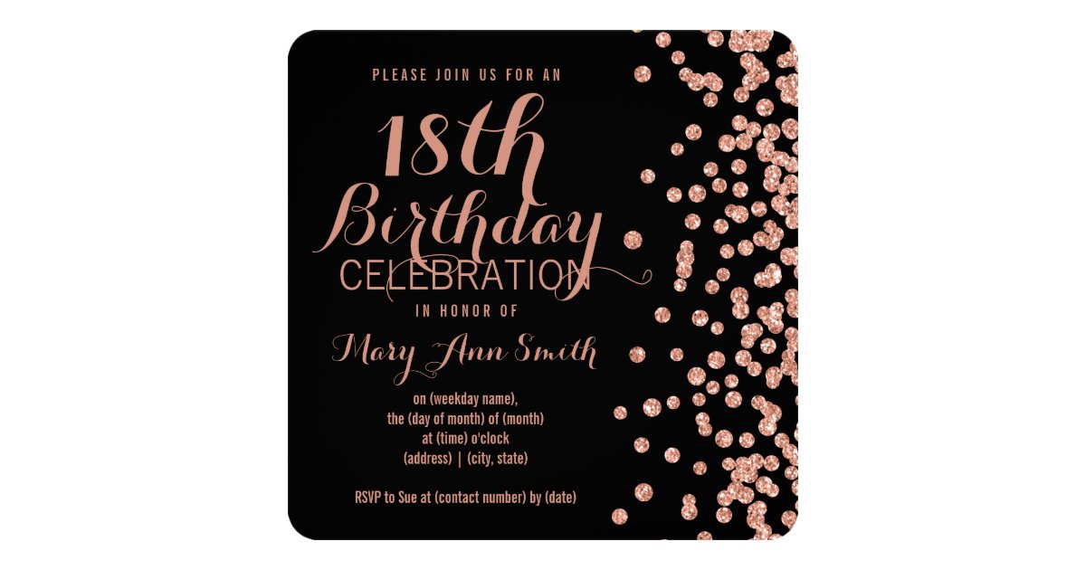 18th Birthday Rose Gold Faux Glitter Confetti Blac Invitation | Zazzle.com