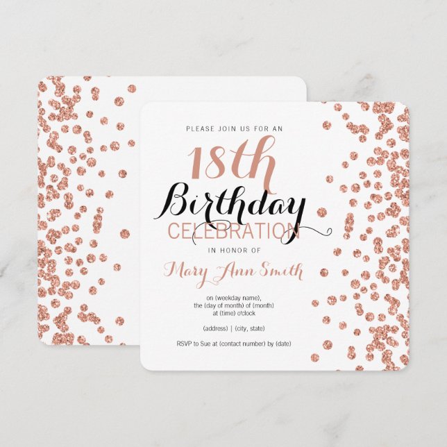18th Birthday Rose Gold Faux Glitter Confetti Invitation (Front/Back)