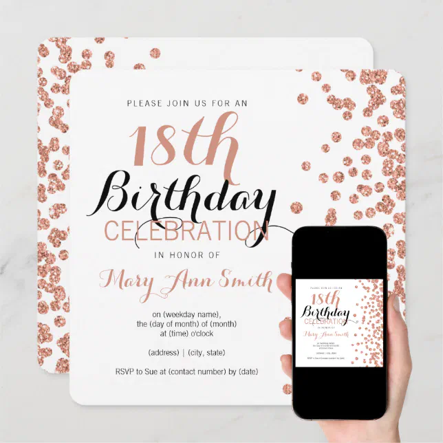 18th Birthday Rose Gold Faux Glitter Confetti Invitation Zazzle 5938