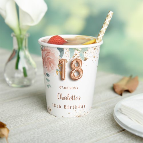 18th birthday rose gold florals glitter monogram paper cups