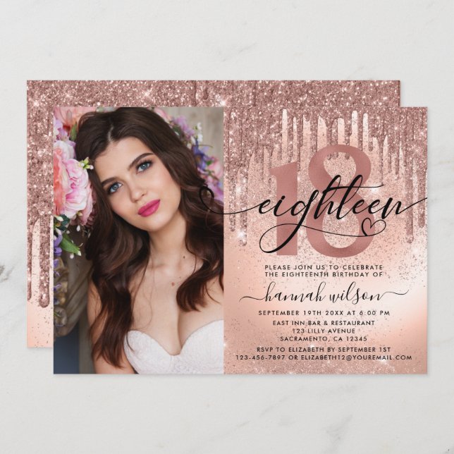 18th Birthday Rose Gold Foil & Glitter Photo Invitation (Front/Back)