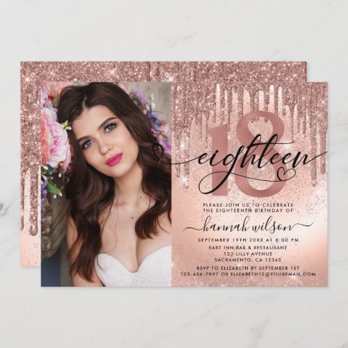 18th Birthday Rose Gold Foil  Glitter Photo Invitation