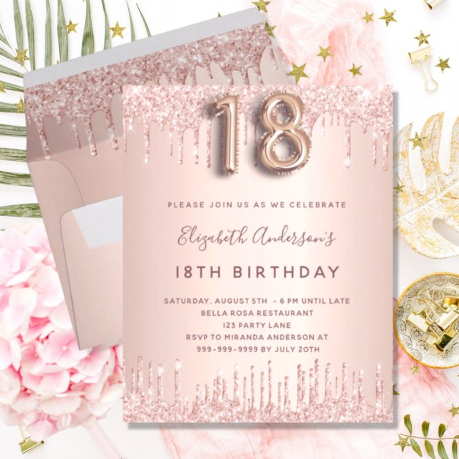 18th Birthday rose gold glitter budget invitation (Creator Uploaded)