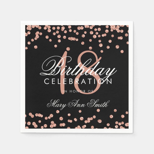 18th Birthday Rose Gold Glitter Confetti Black Napkins (Front)