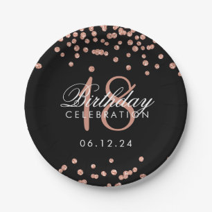 18th Birthday Rose Gold Glitter Confetti Black Paper Plates