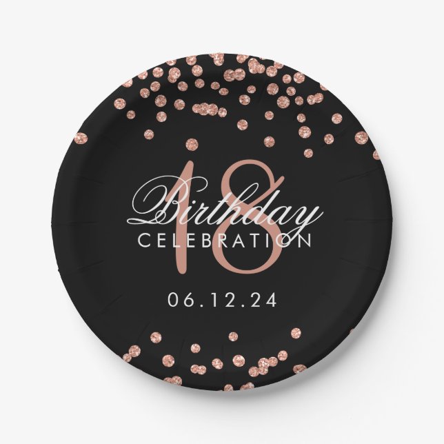 18th Birthday Rose Gold Glitter Confetti Black Paper Plates (Front)
