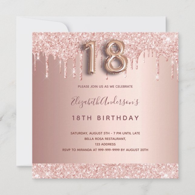 18th birthday rose gold glitter drips balloon text invitation (Front)
