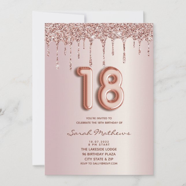 18th Birthday Rose Gold Glitter Drips Invitation (Front)