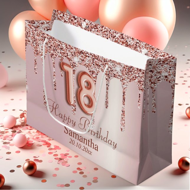 18th Birthday Rose Gold Glitter Drips  Large Gift Bag (Creator Uploaded)