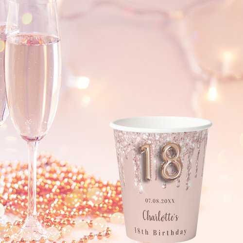 18th birthday rose gold glitter drips monogram paper cups