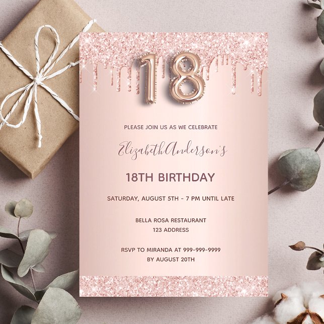 18th birthday rose gold glitter drips pink glam invitation (Creator Uploaded)
