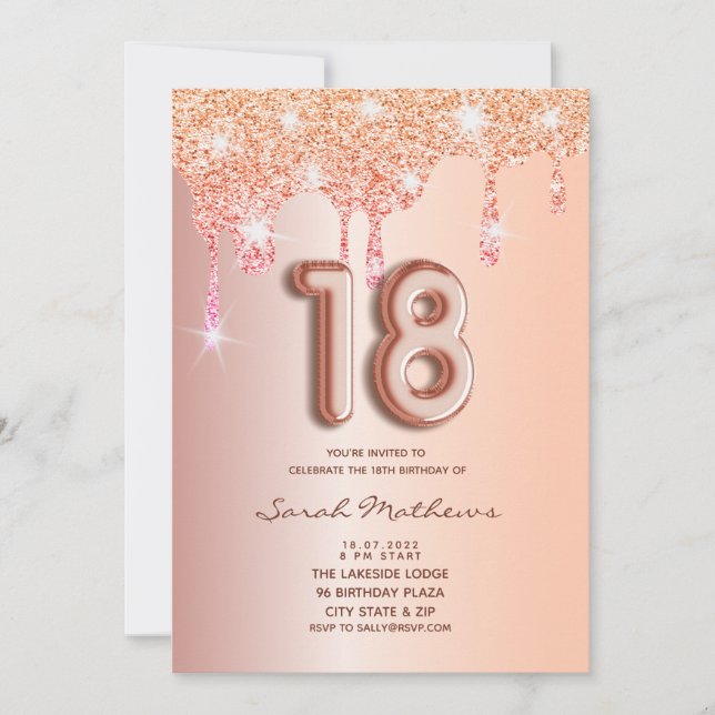 18th Birthday Rose Gold Glitter Foil Balloon Invit Invitation (Front)