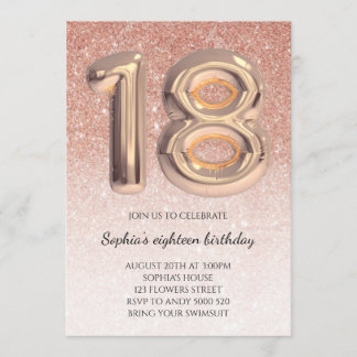 18th Birthday Rose Gold Glitter Foil Balloon Teen Invitation