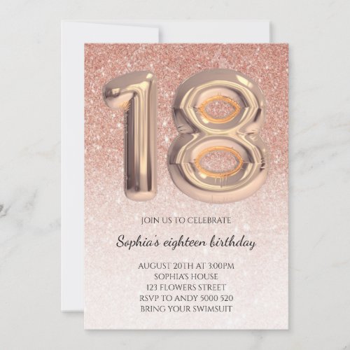 18th Birthday Rose Gold Glitter Foil Balloon Teen Invitation