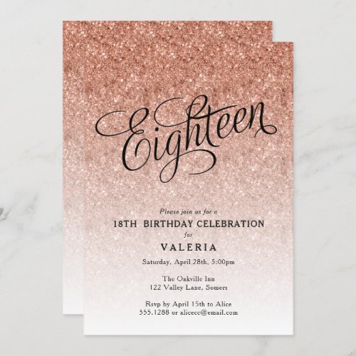 18th Birthday Rose Gold Glitter Invitation