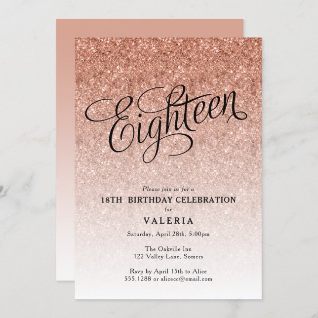 18th Birthday Rose Gold Glitter Invitation (Front/Back)
