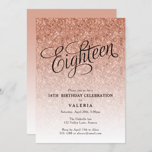 18th Birthday Rose Gold Glitter Invitation | Zazzle