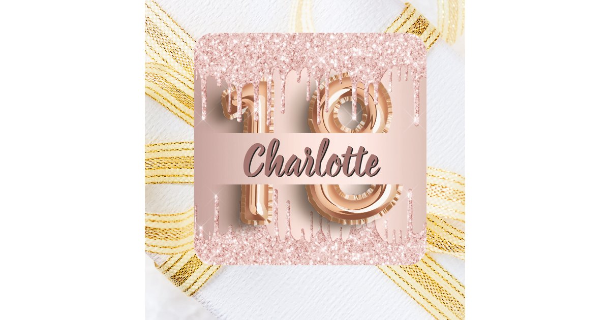 18th birthday rose gold glitter monogram luxury square sticker | Zazzle