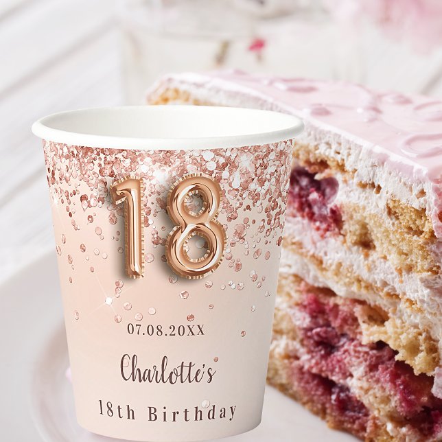 18th birthday rose gold glitter monogram name paper cups (Creator Uploaded)