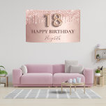 18th birthday rose gold glitter pink balloon style banner<br><div class="desc">Elegant, classic, glamorous and girly for a 18th birthday party. Rose gold and blush pink, gradient background. Decorated with rose gold, pink faux glitter drips, paint dripping look. Personalize and add a name. With the text: Happy Birthday plus the birthday girls name. The text is written with a modern dark...</div>