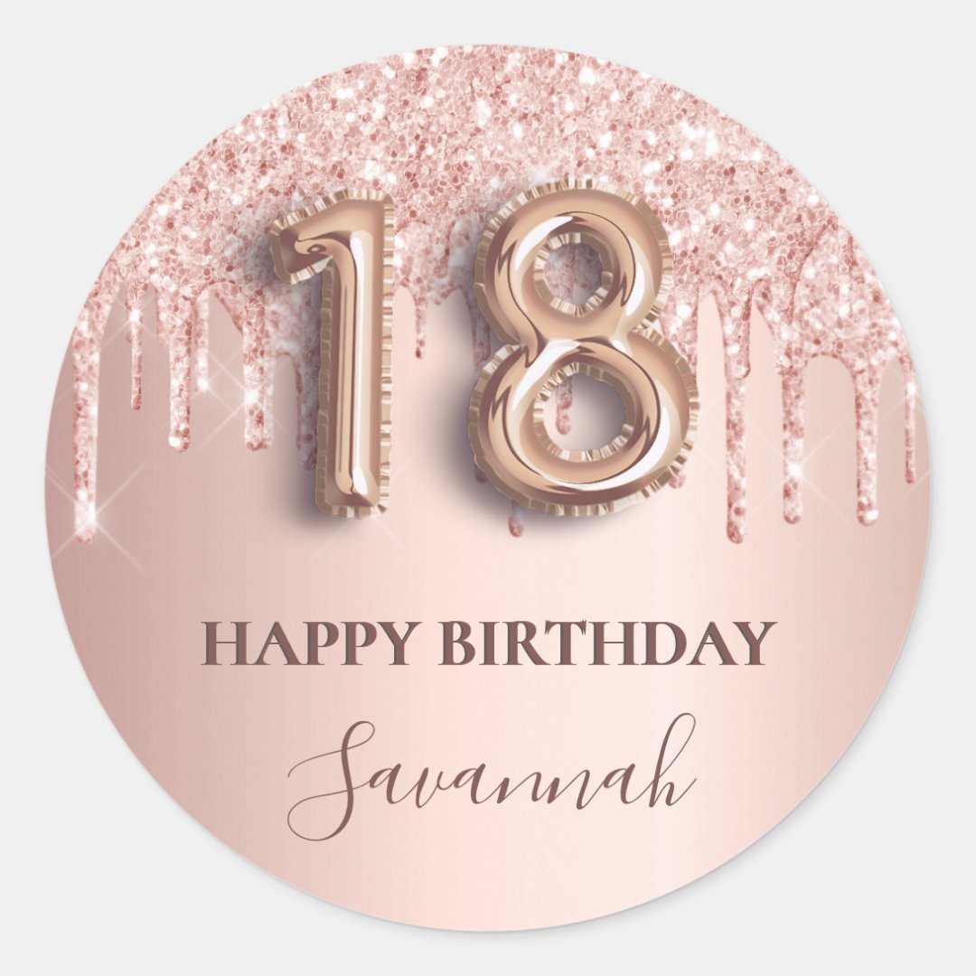 18th birthday rose gold glitter pink balloon style classic round ...