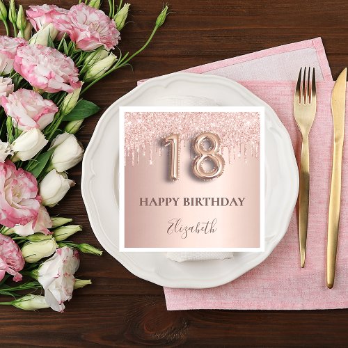 18th birthday rose gold glitter pink balloon style napkins