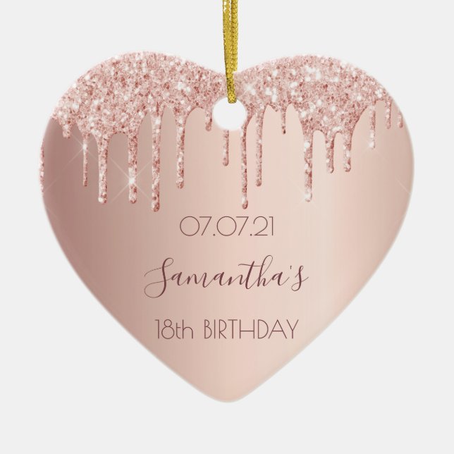 18th birthday rose gold glitter pink heart ceramic ornament (Front)