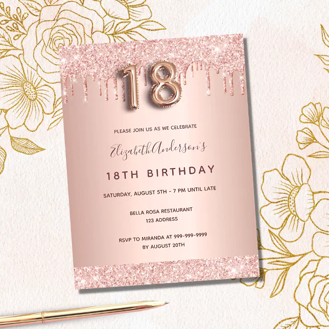 18th birthday rose gold glitter pink invitation postcard | Zazzle