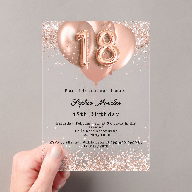 18th birthday rose gold luxury balloons clear acrylic invitations (Insitu (Handheld))