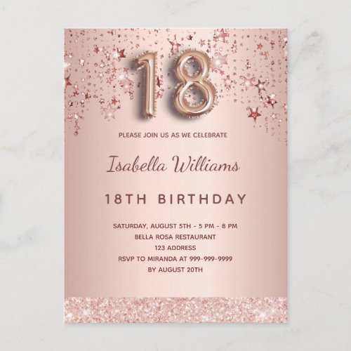 18th birthday rose gold pink balloon script stars postcard