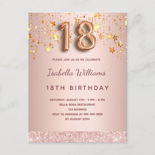 18th birthday rose gold pink balloon script stars postcard