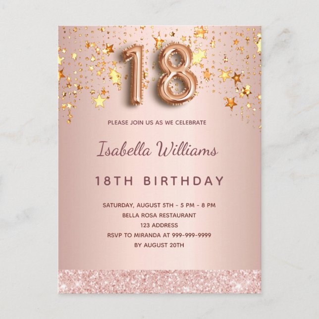 18th birthday rose gold pink balloon script stars postcard (Front)