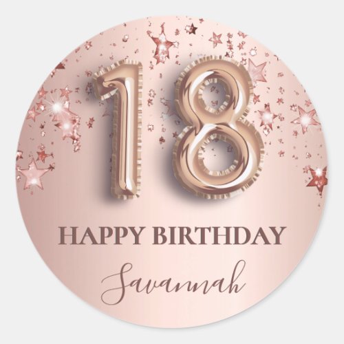 18th birthday rose gold pink stars balloon font classic round sticker