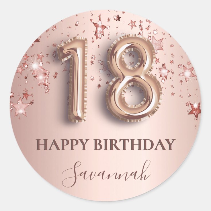 18th birthday rose gold pink stars balloon font classic round sticker ...