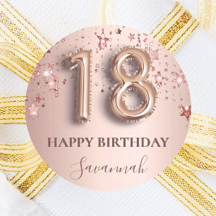 18th birthday rose gold pink stars balloon font classic round sticker