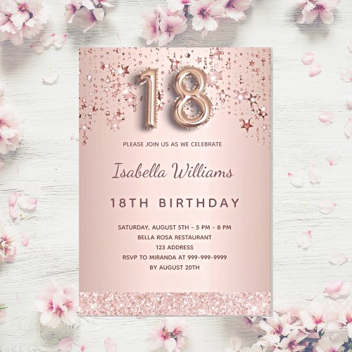 18th birthday rose gold pink stars balloon script invitation