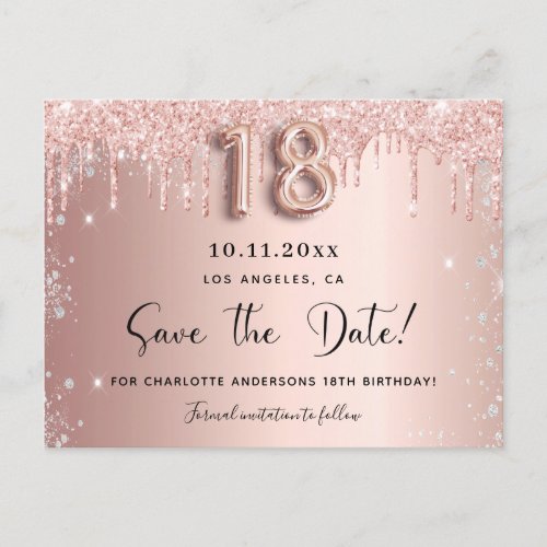 18th birthday rose gold silver blush save the date announcement postcard