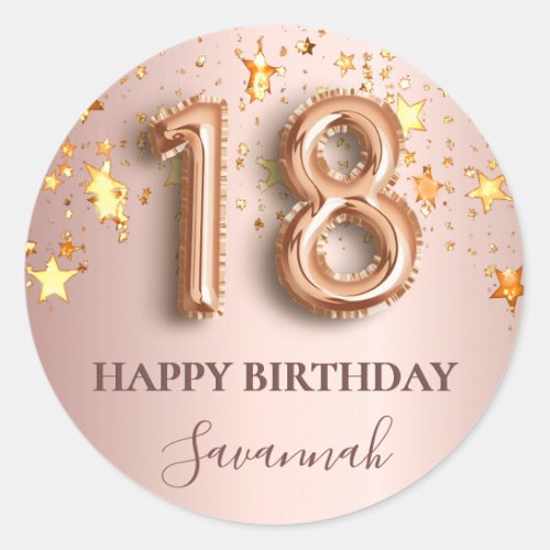 18th birthday rose gold stars pink balloon font classic round sticker