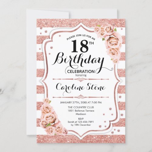 18th Birthday _  Rose Gold White Stripes Invitation