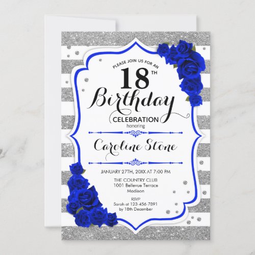 18th Birthday _ Royal Blue Silver White Stripes Invitation