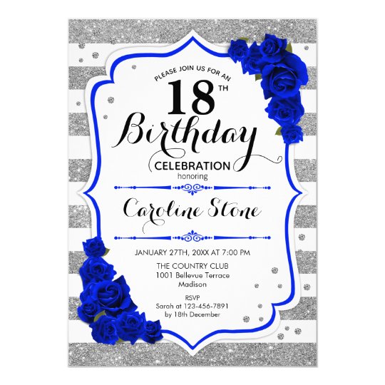 18th Birthday Royal Blue Silver White Stripes Invitation