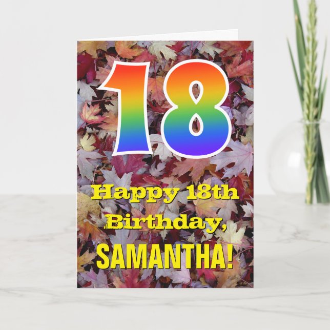 18th Birthday; Rustic Autumn Leaves Rainbow "18" Card (Front)