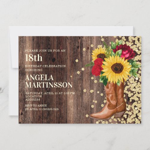 18th Birthday Rustic Wood Boots Sunflower Red Rose Invitation