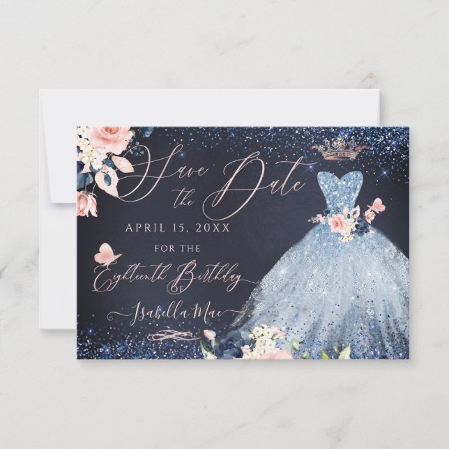 18th Birthday Save the Date  Dusty Blue Gown Invitation (Front)
