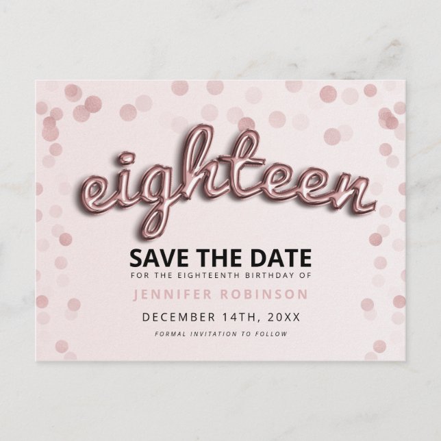 18th Birthday Save The Date Rose Gold Blush Pink Announcement Postcard (Front)