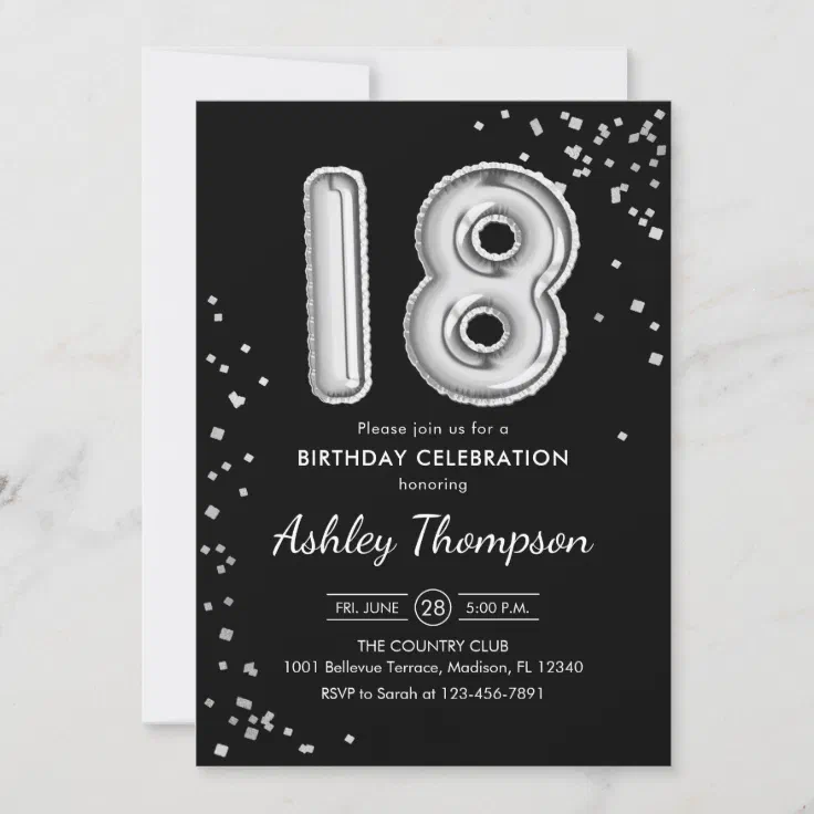 18th Birthday - Silver Balloons Black Invitation | Zazzle