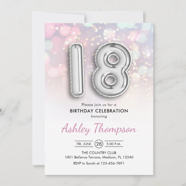 18th Birthday - Silver Balloons Pink Lights Invitation (Front)