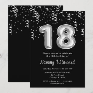 18th Birthday Silver Balloons with Confetti Invitation