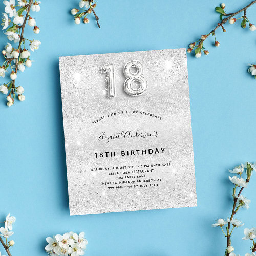 18th birthday silver glitter budget invitation